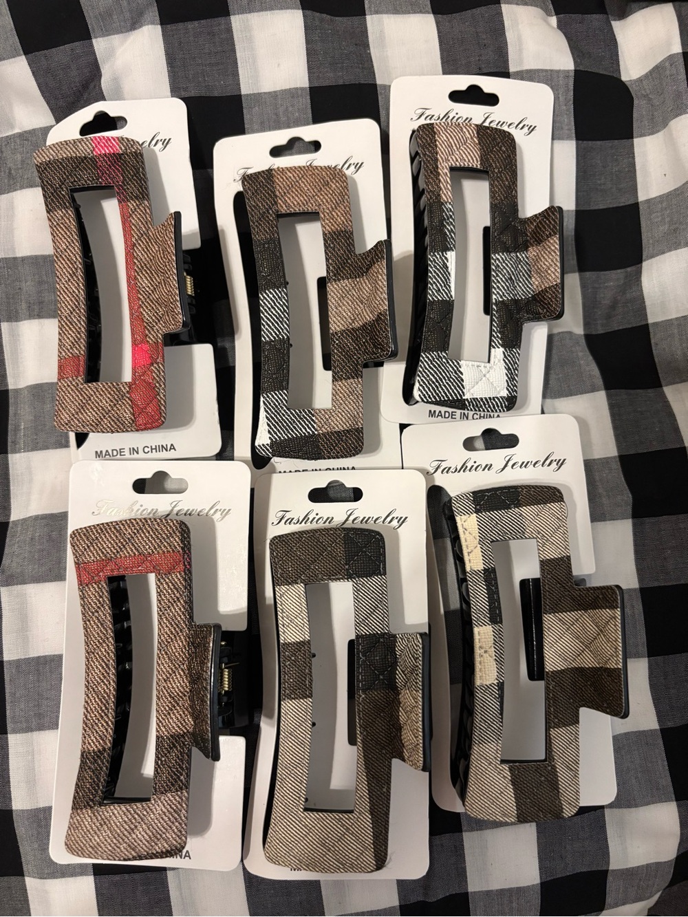 Plaid Rectangular Hair Claw Clip - Neutral Tones